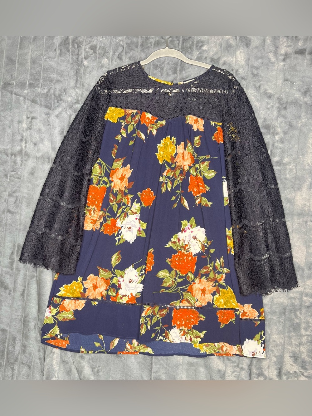Umgee Floral Lace Bell Sleeve Tunic Dress L Navy Boho Cottagecore